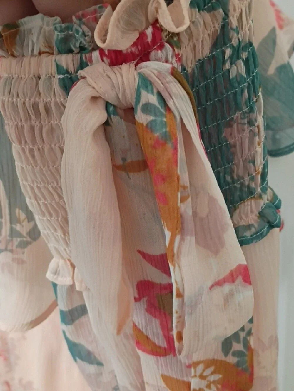 Express Floral Off-Shoulder Maxi Dress in Blush Pink Peachy and Teal